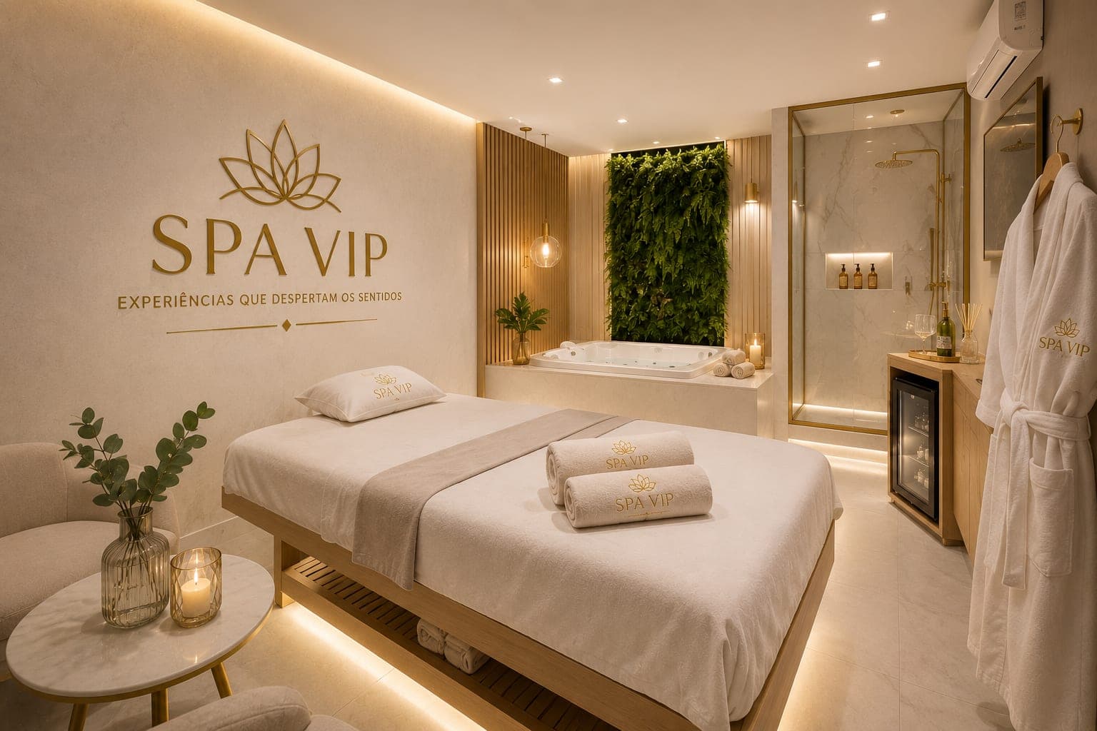 Suíte do Spa Vip Massagem com hidromassagem e parede viva