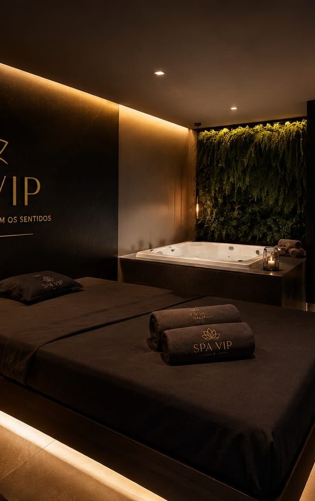 Suíte do Spa Vip Massagem em Goiânia, com iluminação baixa e hidromassagem